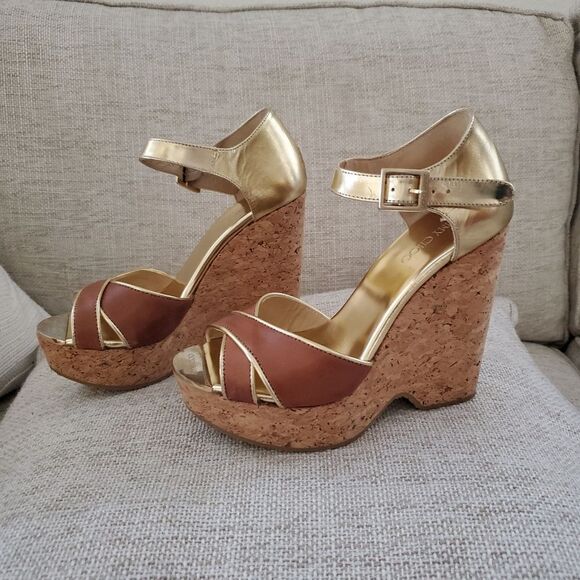 Jimmy Choo Brown/Metallic Gold Leather Pape Mirrored Cork Wedge Sandals Size 7 - Picture 8 of 16